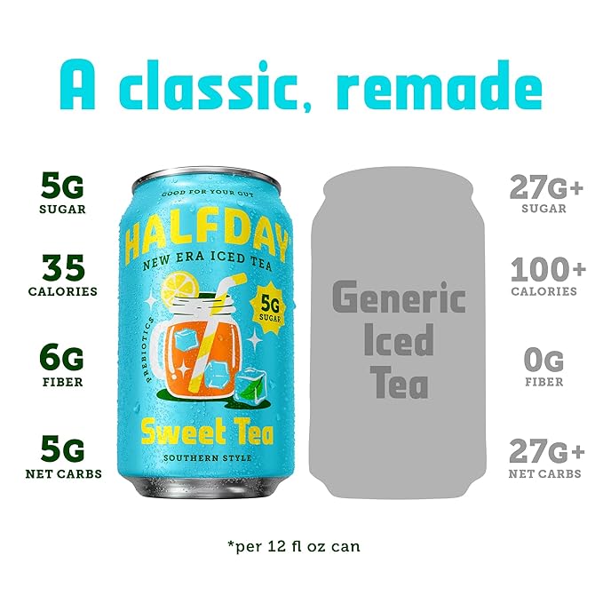 HALFDAY Prebiotic Sweet Tea Iced Tea Cans, Supports Digestive & Gut Health, 6g Plant Fiber & Prebiotics, 5g of Sugar, 35 Calories, Organic Tea, Natural Caffeine, Gluten Free, Keto, 12 fl oz (12 pack)