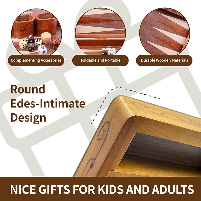 Wooden Inlaid Backgammon Set, Classic Strategy Board Game Case 15.7" Large Size, Backgammon with Checkers Pieces for Adults and for Children