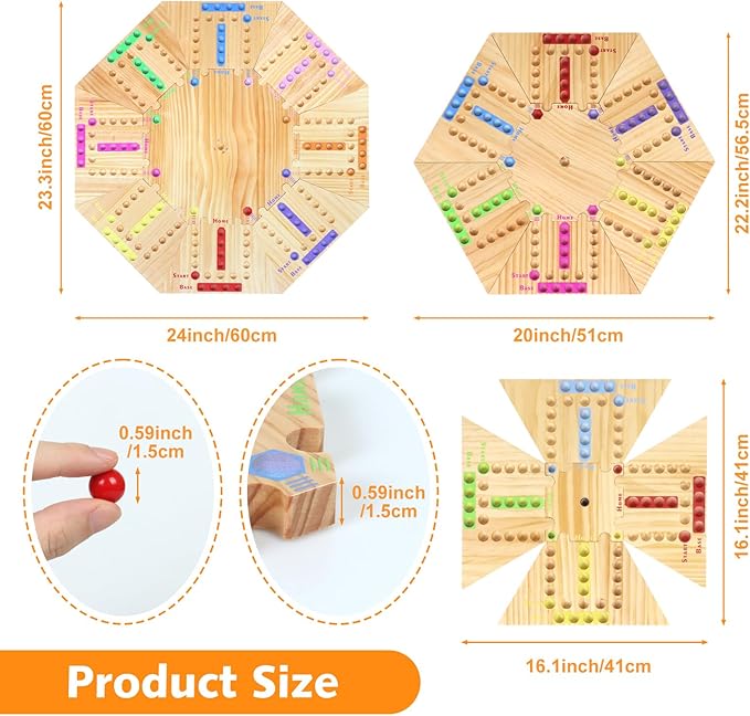 Marble Game Board Wooden, 24" Large Size Detachable Fast Track Board Game for 2-8 Players, Classic Marble Game with 32 Marbles and 8 Dices for Family, Friends, Party Night