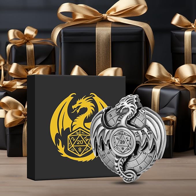 Spinner DND Dice Set, 7-in-1 Dragon Metallic D&D Dice, Dragon Roulette Dice Spinner for DND Dice Set, D&D Gifts with Gift Box, Role Playing Game Board Game Accessories, Silver