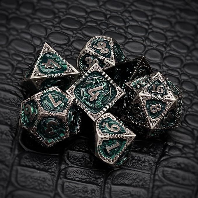 Haxtec DND Dice Set Metal D&D Dice Set with Leather Dice Bag Antique Iron Green Metal Polyhedral Dice for Dungeons and Dragons TTRPG Gifts