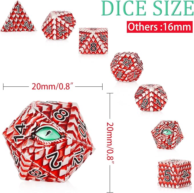 Dragon Eye Metal Dice Set - 7 Pcs Dragon Scale Metallic D&D Dice, Gift Box (Red Dragon Scale & Green Eye)