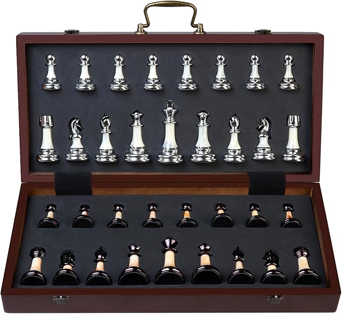 Deluxe Chess Set 16.5'' Wooden Large Folding Chess Board Game with Handle, Weighted Acrylic Chess Pieces - 3.5" King with Storage Slots for Beginners, Professional Players
