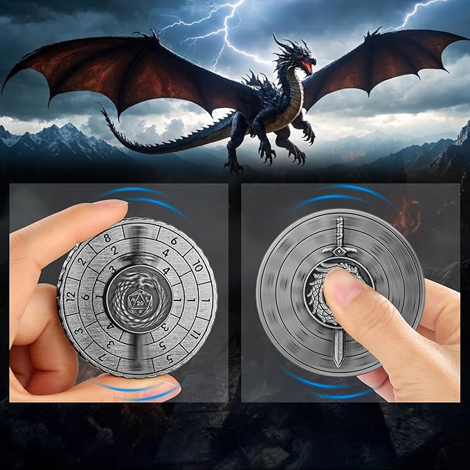 Spinner DND Dice, 7-in-1 Dragon Sword Metallic D&D Dice, Dragon Roulette Dice Spinner for DND Dice Set, DND Gifts with Gift Box, Role Playing Board Game Accessories, DND Dice Set Gifts, Dark Silver