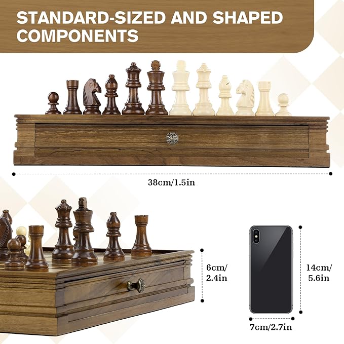 Peradix Magnetic Chess Checkers Board Sets with 2 Built-in Storage Drawers,15" Classic 2 in 1 Wooden Games with 2 Extra Queens for Kids and Adults,Travel Portable Chess Game Set