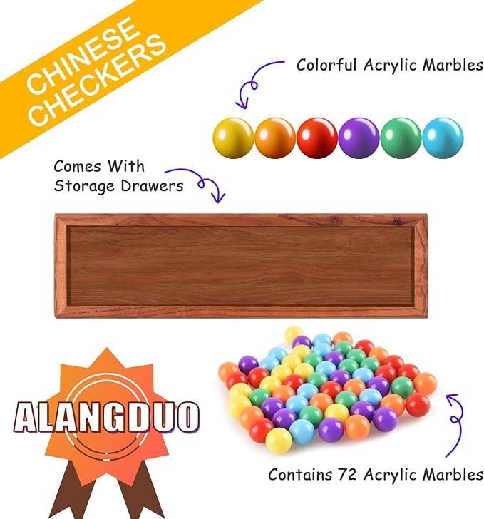 Large 15" Chinese Checkers Board Game for 2-6 Player Wooden Game Board, 16mm 60+12 Colorful Acrylic Marbles, Easy Grasping for Adults and Kids, with Storage Drawer, Fun for Family Gathering