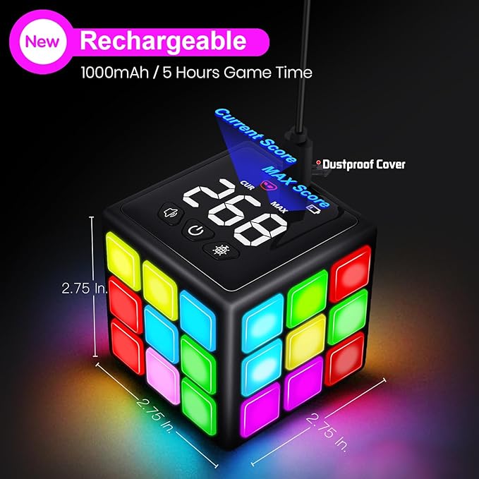 Rechargeable Game Handheld Cube - 15 Fun Brain & Memory Game with Score Screen - Christmas Easter Birthday Gifts for Boys Girls Ages 6-12+ Years Old - Toy Gift Idea for Kids Teens (Black)