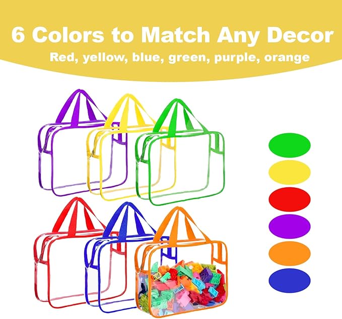 Clear Storage Bag with Zipper - Organizing Bags for Home Travel with Handles - for Building Blocks, Puzzle, Book, Board Game(6 colors, 6 Packs)