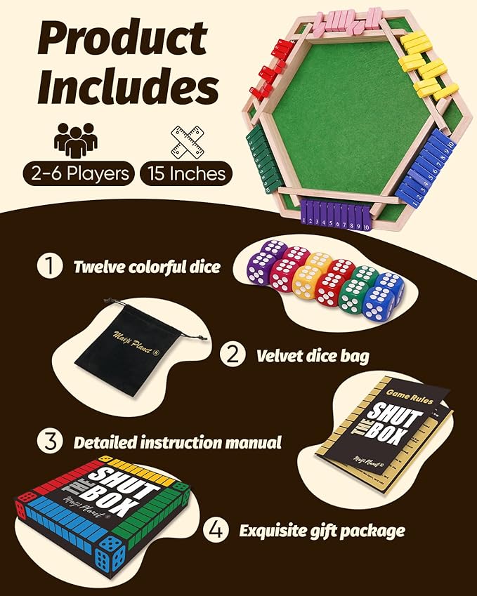 Large Shut The Box for 2 6 Player Math Family Game Night Quick Dice Game for Party Camp Bar Travel Class School Wooden Classic Table Top Board Game for Adult and Kid Group Elder 15"