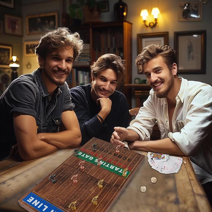 Wooden Finish Line Horse Racing Board Game Equipped with 11 Luxury Metal Craft Horses Adult Chessboard Including 2 Dice and 2 Boxes of Cards Folding Box Game Board(Flame)