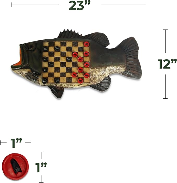Rivers Edge Products Checkerboard Set for Cabin or Lodge, Rustic Checker Board Games for Adults, Tabletop 2 Players Game, Living Room Decor or Home Office Decor, Bass
