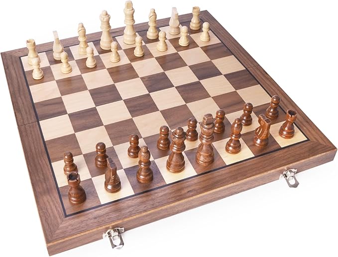 AMEROUS 15 Inches Magnetic Wooden Chess Set with 2 Extra Queens/Folding Board/Chess Pieces Storage Slots/Instructions, Portable Travel Chess Game for Beginner/Classic Board Game