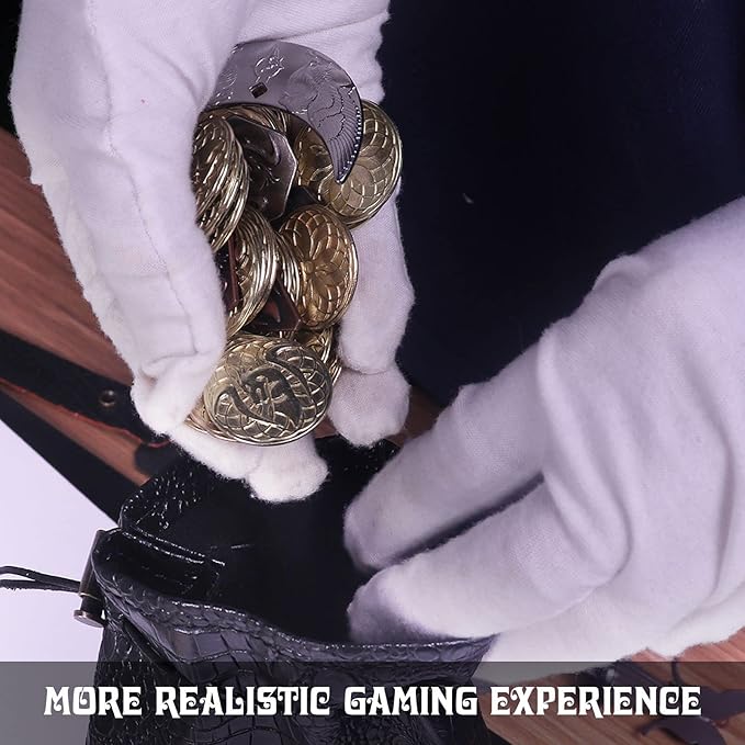 145PCS Metal DND Coins & Leather Bag, Contains 60 Gold Coins, 40 Sliver Coins, 40 Copper Coins and 5 Platinum Coins, Tokens with Glow in The Night Eyes Bag for RPG Tablelap Games