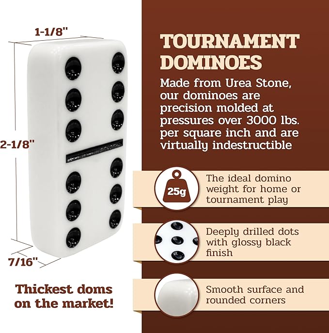 Alex Cramer Le Club' Luxury Domino Set with Handcrafted Walnut Case and Cribbage/Counter Top - Tournament Quality 28 Indestructible (Double 6 Domino Set with Brass Plate)