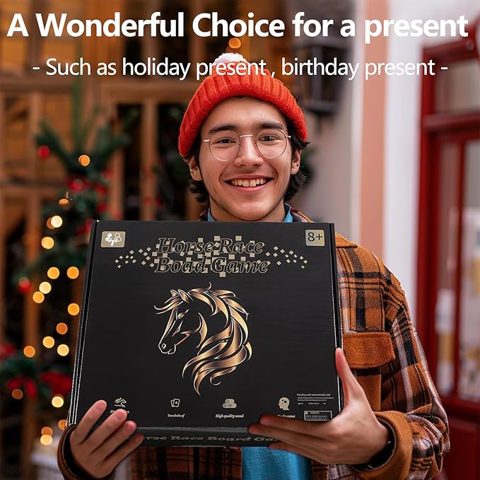 Wooden Finish Line Horse Racing Board Game Equipped with 11 Luxury Metal Craft Horses Adult Chessboard Including 2 Dice and 2 Boxes of Cards Folding Box Game Board (Light Flame)