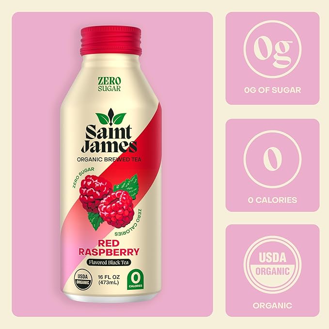 Saint James Iced Tea - Organic Black Tea - Non-GMO, Gluten Free, Zero Calorie, Zero Sugar - Red Raspberry, 12 Pack (16 fl oz each)