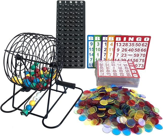 Yuanhe Deluxe Bingo Game Set-Includes Metal Cage,500 Colorful Bingo Chips,100 Bingo Cards,75 Colored Balls,Plastic Masterboard,Great for Large Groups,Parties …