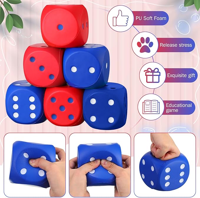 6 Pcs 4" Large Foam Dice Giant Cube with 6 Sided Number Dots Jumbo Soft Slow Big PU Foam Stress Ball for Party Game Math Learning Props Stress Relief Gifts(Red, Blue)