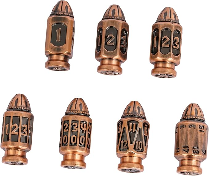 UDIXI Metal DND Bullet Dice Set with Metal Container, 7-Die Polyhedral Dice Set Cyberpunk Style for D&D, Role Playing Game or Other Tabletop Games（Ancient Copper）