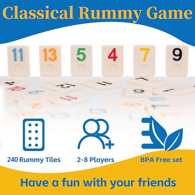 Deluxe Rummy Cube Game Set 6-8 Players with 8 Wooden Racks & 240 Rummy Tiles | Travel & Family Board Game for Adults and Kids