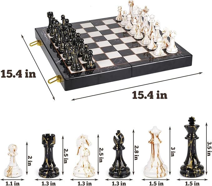 15" Large Chess Set for Adults with Weighted Acrylic Chess Pieces 3.5" King & Portable Folding Marbling Wooden Chess Board Travel Chess Sets Family Board Game Gift – Elegant Classic Chess Game