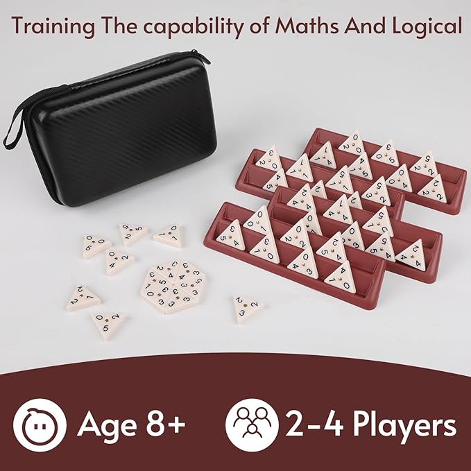 Triangle Domino Game Set with 56 Triangular Domino Tiles & Brass Spinners | Includes 4 Plastic Racks + Travel Case + Friendly Instruction | Classic Family Strategy Board Game for Ages Kids & Adults