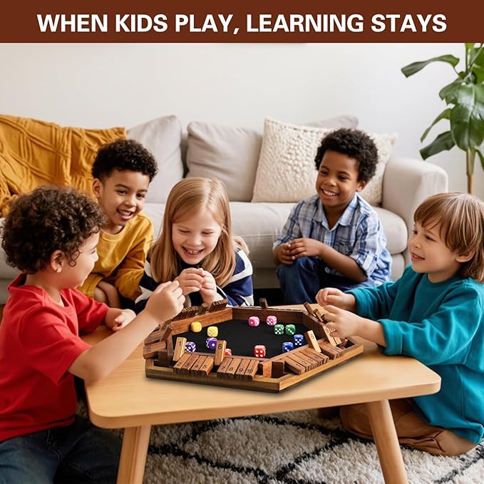 Upgraded 1-6 Player Shut The Box Dice Game with 12 Dice+Bonus Wooden 12 Dice, Classic Wooden Board Table Math Game for Adults,Kids/Tabletop Board Games for Classroom,Home,Party or Pub