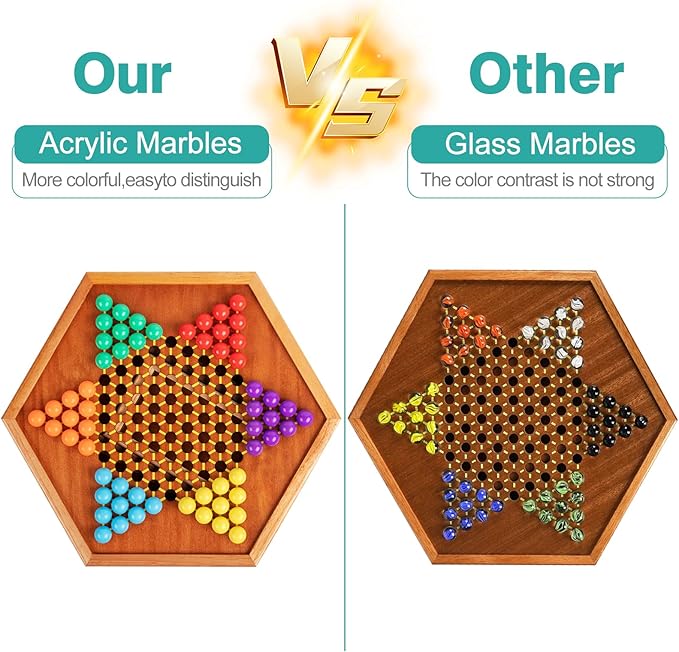 HOLYKING 12.6 Inchs Wooden Chinese Checkers with Drawer-Traditional Board Game with Set of 16mm 60+12 Colorful Acrylic Marbles, Classic Strategy Family Game for up to 6 Players