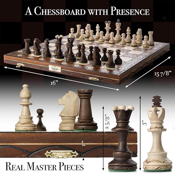 Wegiel Handmade Junior European International Chess Set - 16 Inch Luxury Wooden Chess Set for Adults and Kids, Premium Beech and Birch Wood - Unique Folding Design with Storage