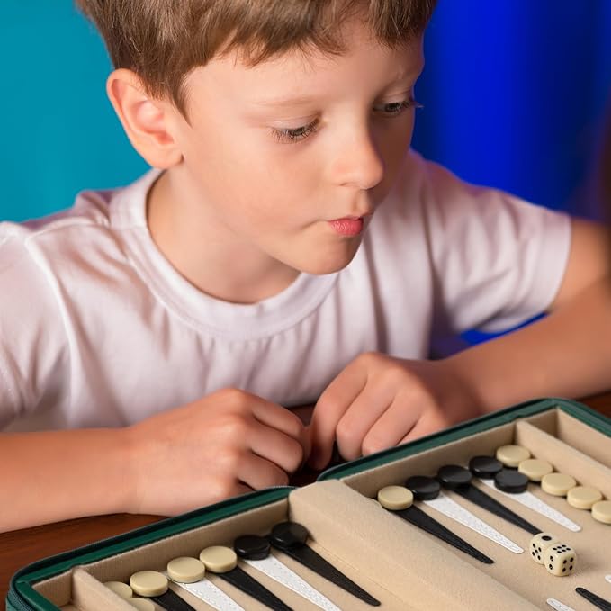 Yellow Mountain Imports Travel Size Backgammon Mini Game Set, Izmir - Magnetic Checkers and 9-inch Board in Sleek Leatherette Case - Classic Strategy Board Game