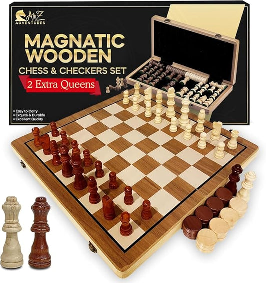 Magnetic Chess and Checkers Game Set - 15" (2 in 1) Folding Wooden Chess Sets for Adults & Kids with 2 Extra Queens | Travel Chess Board Game with Chess Pieces Storage Slots, Luxury Gift with Storage