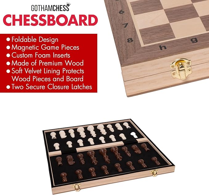 GothamChess Board- Foldable, Magnetic Pieces, Quality Wood, Fitted Storage, Includes Course by International Master Levy Rozman