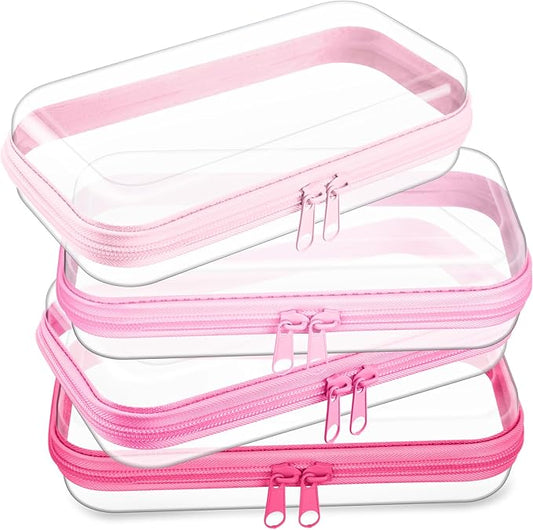 Hoolerry 4 Pcs Hard Clear Zipper Case Transparent Cases for Snacks Makeup Bag Plastic Storage Box Containers for Building Blocks, Puzzles, Cosmetics(Pink,7.5 x 3.9 x 2 in)