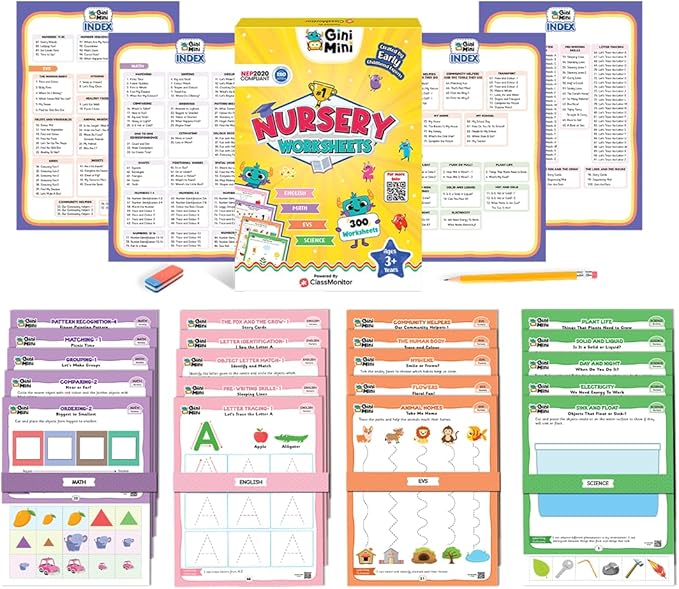 300 Nursery Worksheets (English, Maths, Science, & EVS) with Stickers & Index, Interactive Fun Preschool Learning Activities for Ages 3 and 4