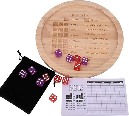 9.8-Inch Wooden Farkle Dice Tray with Printed Rules - Classic Farkle Board Game Set with 12 Pearl Dice, Score Pad & Velvet Pouch for Family Game Nights