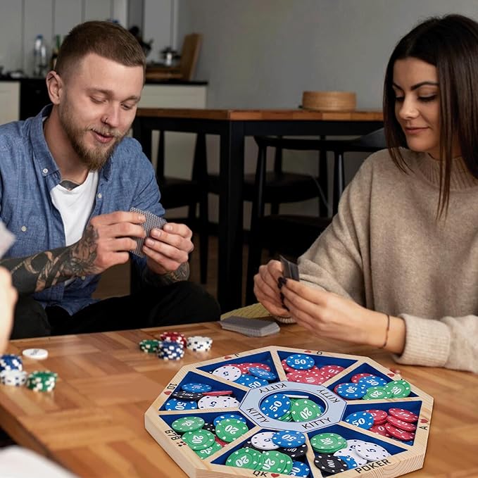 Wooden Michigan Rummy Board Game,13 * 13 inches,Tripoley Game,Deluxe Set, 1 Michigan Rummy Board,2 Pokers,100 Chips(in a Box),1 Manual,1 Portable Storage,Party Game,Blue (Blue)