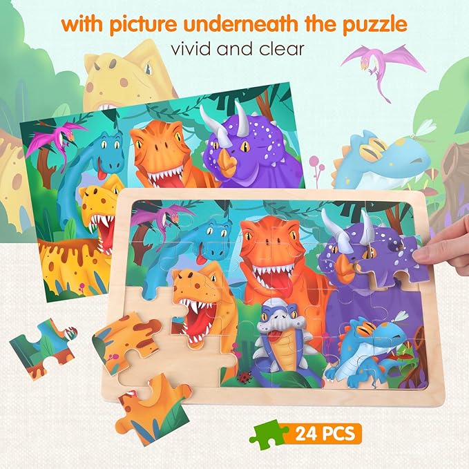Jigsaw Puzzles Wooden Puzzles for Kids Ages 3-5 Preschool Educational Brain Teaser Boards Toddlers Toys Dinosaur Farm Zoo Sea World Gifts for 3 4 5 6 Year Old Boys Girls 4 Packs 24 Pcs