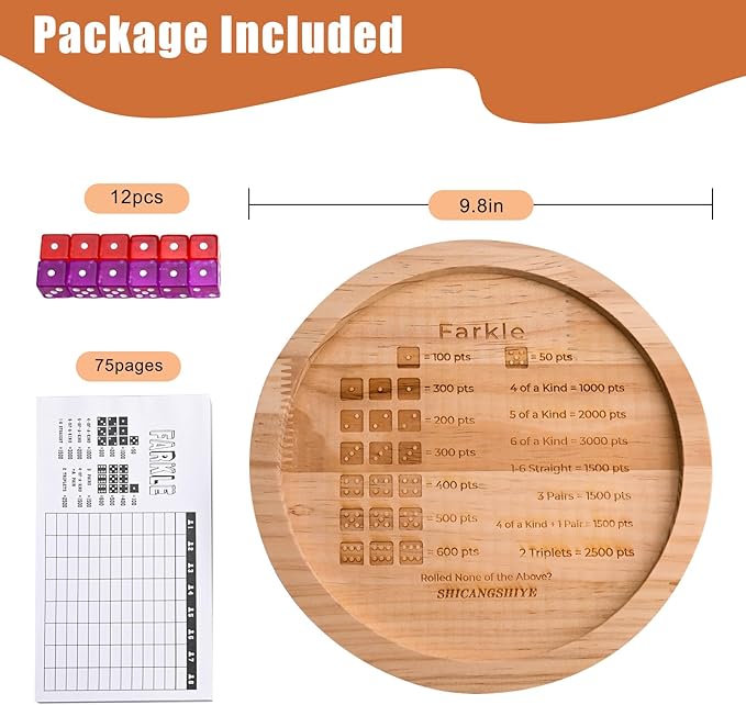 9.8-Inch Wooden Farkle Dice Tray with Printed Rules - Classic Farkle Board Game Set with 12 Pearl Dice, Score Pad & Velvet Pouch for Family Game Nights