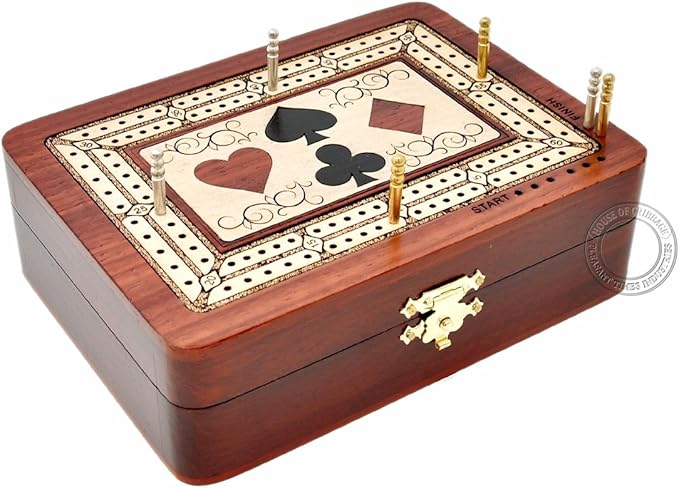 2 Track - Wooden Cribbage Board/Box - Inlaid in Bloodwood/Maple Wood - Storage for Pegs & One Deck of Cards - 60 Points - Non Continuous