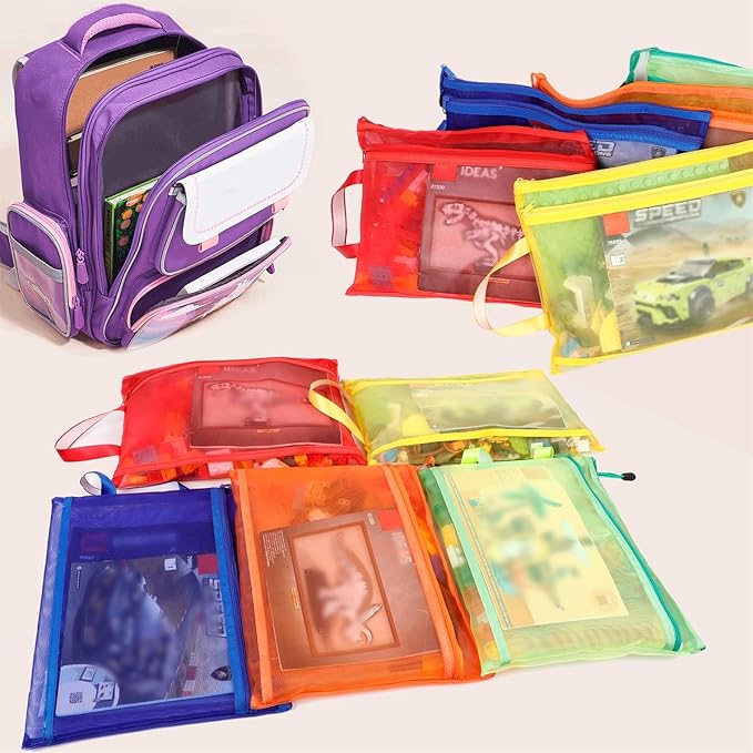 10 Pack 5 Color Mesh Zipper Pouch Bags, Nylon Puzzle Building Block Sets Toy Storage & Organization, Breathable See Through A4 Zipper Pouch with Handle for School Games