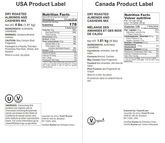 Food to Live - Dry Roasted Almonds and Cashews Mix, 4 Pounds – Unsalted Oven Roasted Nuts, Protein Rich Trail Mix, Healthy Vegan Snack, No Oil Added