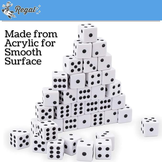 Regal Games Dice Set 6 Sided - Playing White 16mm Set of Dice - Square Dice for Classroom or Family Game Night - 100 Dice