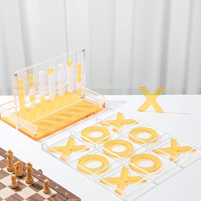 Set of 2 Acrylic Tic Tac Toe and 4 in a Row Classic Board Outdoor Games for Adults and Family Table Strategy Board Games for Living Room Table Guest Room Decor(Yellow and White)