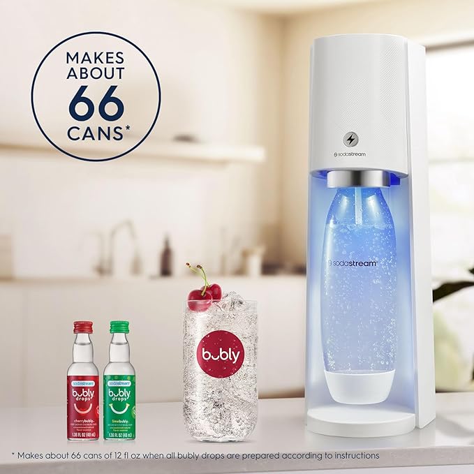 SodaStream E-TERRA Sparkling Water Maker Bundle (White), with CO2, Carbonating Bottles, and bubly Drops Flavors