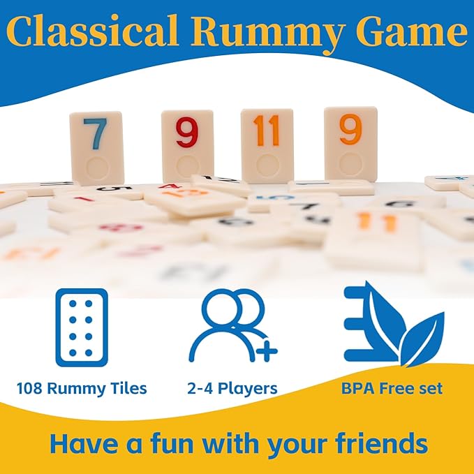 Upgraded Rummy Cube Game Set 4 Players with 4 Wooden Racks & 108 Rummy Tiles | Travel & Family Board Game for Adults and Kids