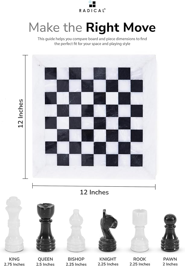 Radicaln Marble Chess Set 12 Inches White and Black Handmade Chess Sets for Games for Adults - 1 Chess Board & 32 Chess Pieces 2 Player Games - Travel Chess Board Game