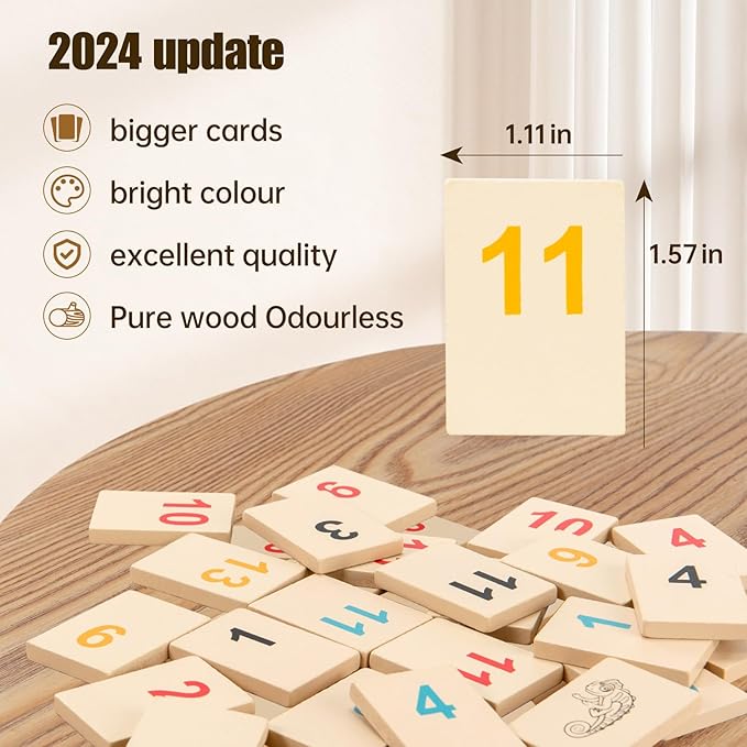 Rummy Cube Game 2-6 Players with 6 Wooden Racks/Trays and 162 Wood Rummy Cards, Bright and Large Number Edition Rummy Tiles and Portable Case, Classic Rummy Set for Adults and Family