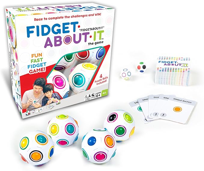 Continuum Games Fidget About It The Fast Paced Puzzle Dice Rolling Fidget Toy Board Game - Click The Orbs and Solve The Puzzles On The Cards - Fun for Family Game Nights - 2-4 Players Ages 6 and Up