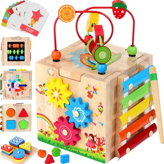 Batlofty Wooden Activity Cube, 8-in-1 Montessori Toys for 1+ Year Old Boys & Girls, Educational Learning Toys for Toddlers Age 1-2, 1st Birthday Gift with Word Cards | Bonus Sorting & Stacking Board