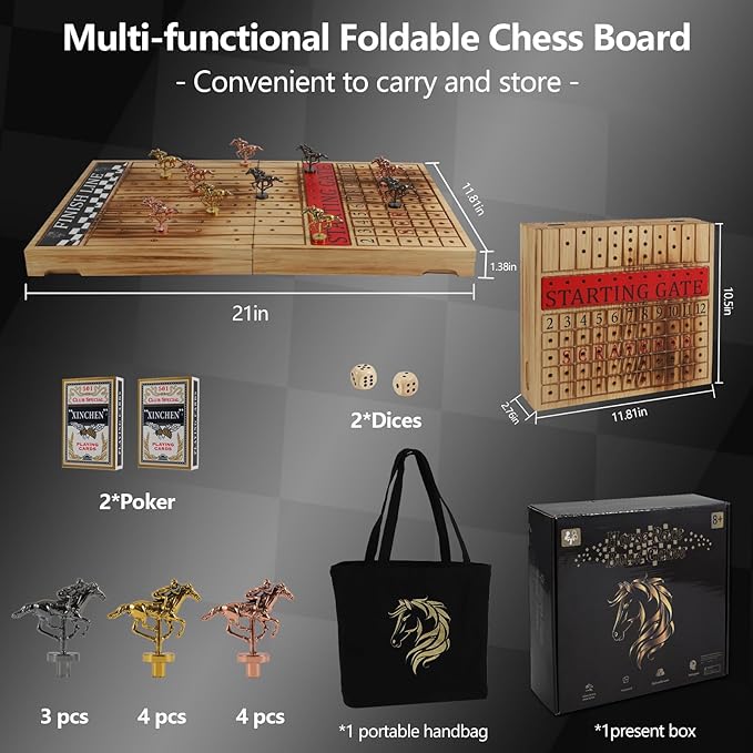 Wooden Finish Line Horse Racing Board Game Equipped with 11 Luxury Metal Craft Horses Adult Chessboard Including 2 Dice and 2 Boxes of Cards Folding Box Game Board (Light Flame)